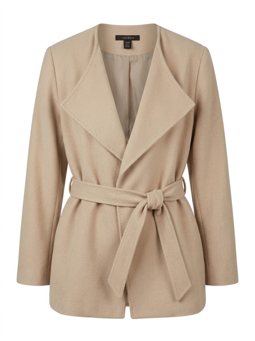LOUBEN Beige Cashmere Blend Belted Wrap Jacket Coat Wide Collar Size 12